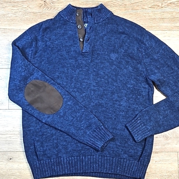 Chaps 100% Cotton Navy Blue Knit Quarter Button Elbow Patch Pullover Sweater - Picture 1 of 16